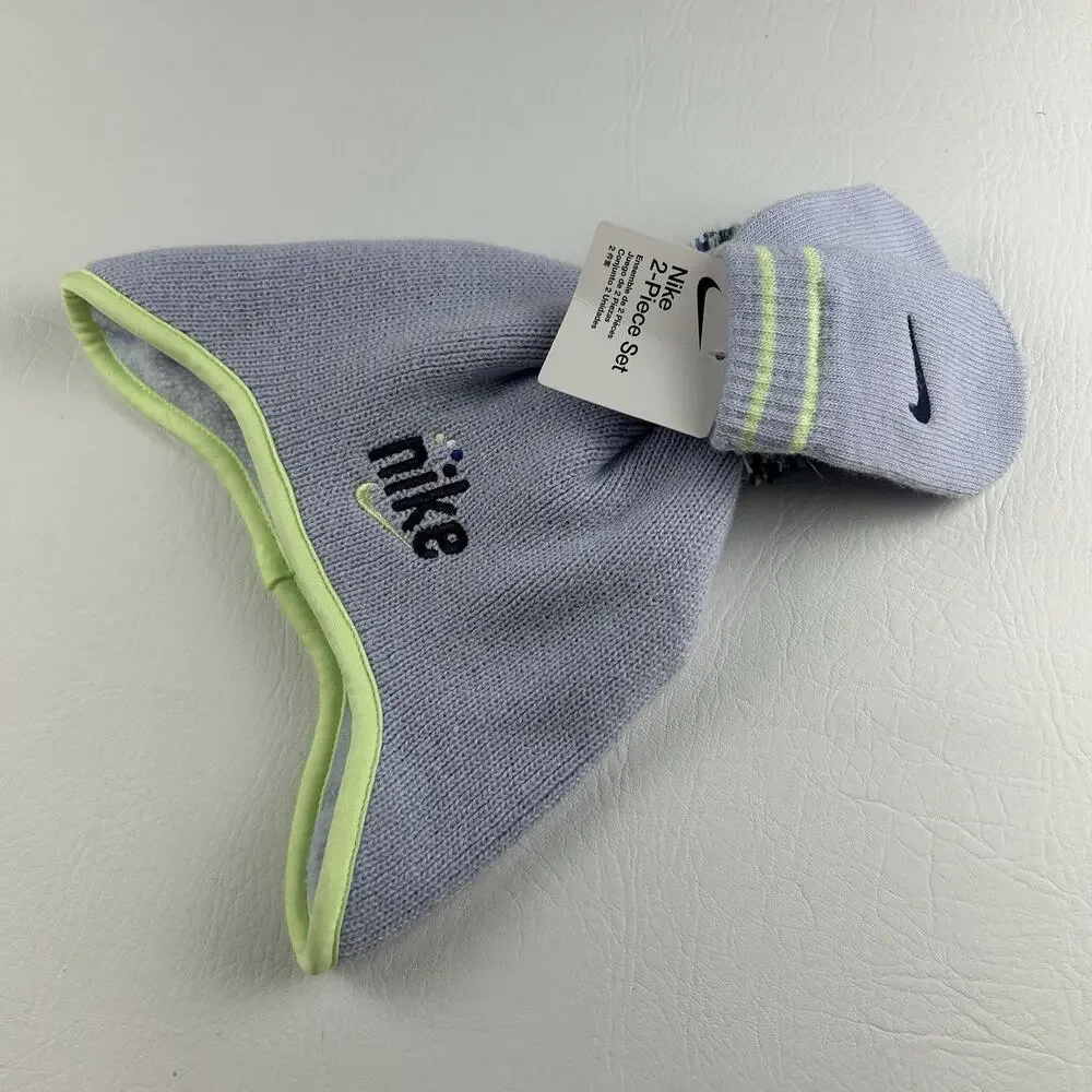 Nike Infant 2 Piece Knit Hat Gloves Set Gray Neon Green Logo NWT